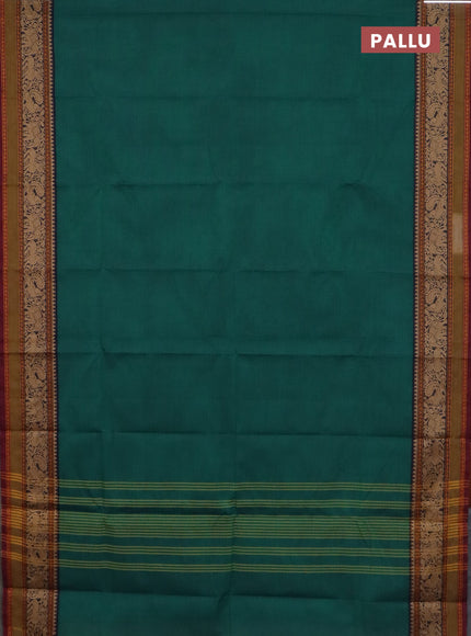 Chettinad cotton saree teal green and navy blue yellow with plain body and rettapet thread woven border