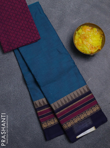 Chettinad cotton saree peacock blue and wine shade with plain body and thread woven border