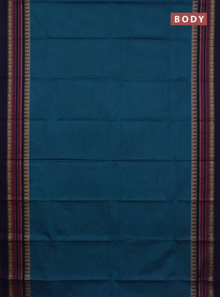 Chettinad cotton saree peacock blue and wine shade with plain body and thread woven border