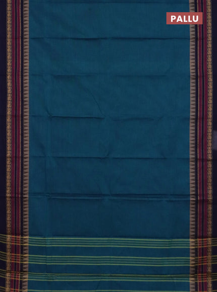 Chettinad cotton saree peacock blue and wine shade with plain body and thread woven border