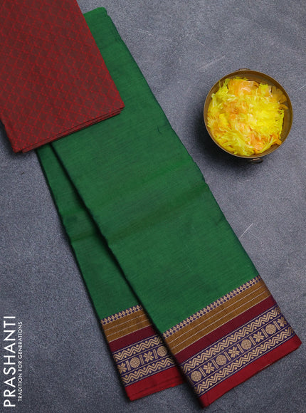 Chettinad cotton saree green and maroon with plain body and thread woven border
