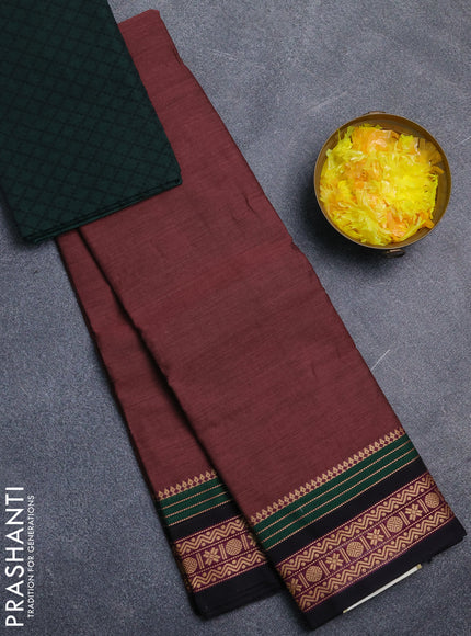 Chettinad cotton saree rosy brown and bottle green with plain body and thread woven border