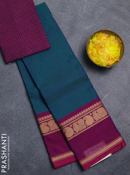 Chettinad cotton saree peacock blue and wine shade with plain body and thread woven border