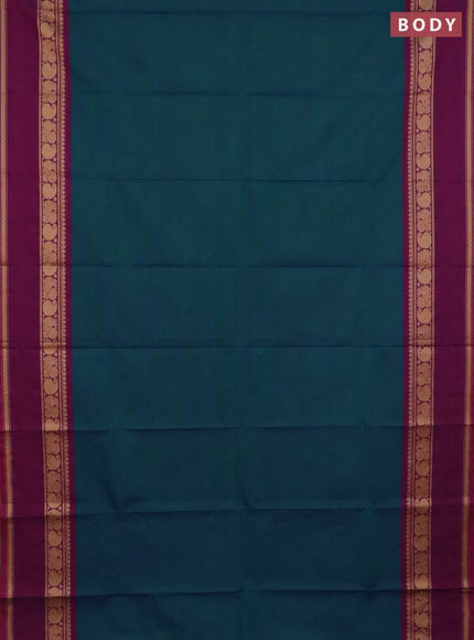 Chettinad cotton saree peacock blue and wine shade with plain body and thread woven border