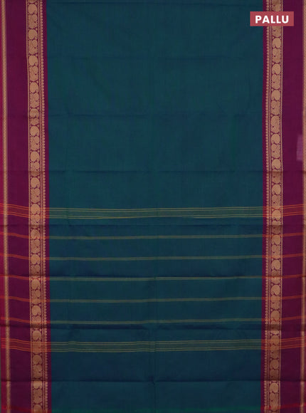 Chettinad cotton saree peacock blue and wine shade with plain body and thread woven border