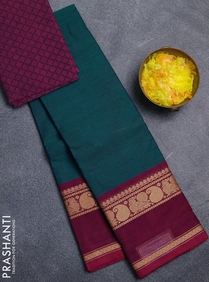 Chettinad cotton saree peacock green and wine shade with plain body and thread woven border