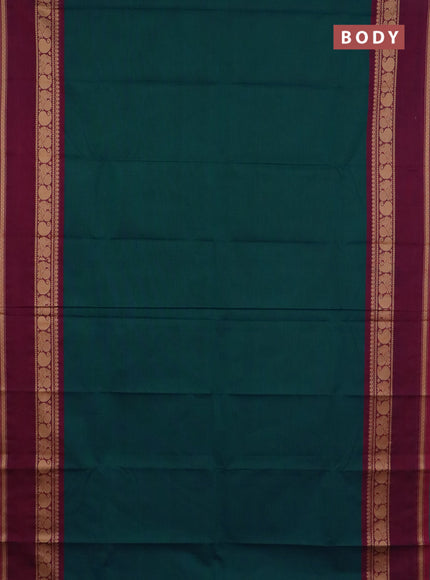 Chettinad cotton saree peacock green and wine shade with plain body and thread woven border