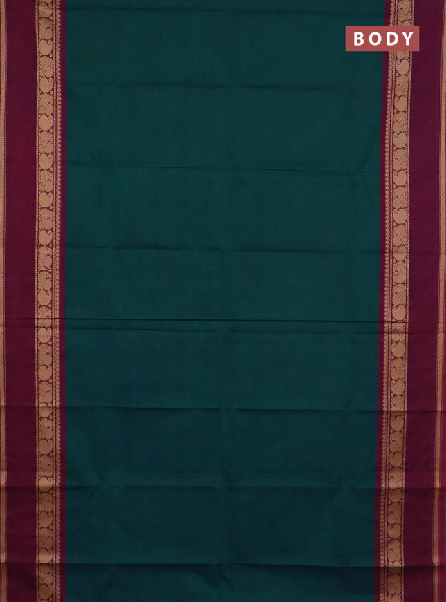 Chettinad cotton saree peacock green and wine shade with plain body and thread woven border