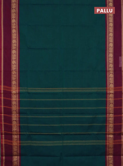 Chettinad cotton saree peacock green and wine shade with plain body and thread woven border