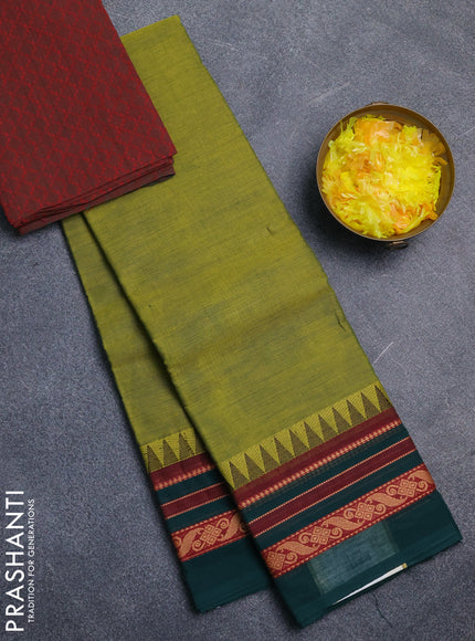 Chettinad cotton saree light green and maroon with plain body and thread woven border