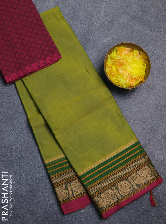 Chettinad cotton saree light green and pink with plain body and thread woven border