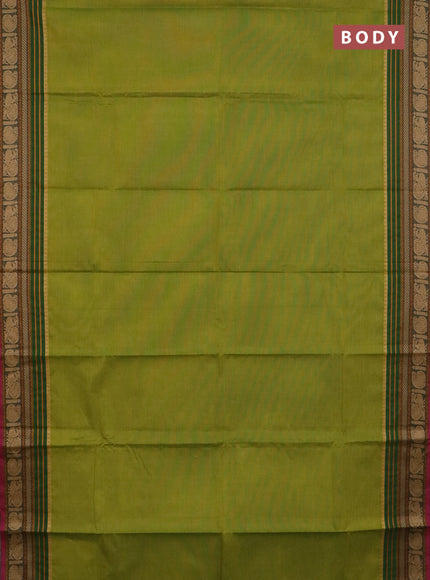 Chettinad cotton saree light green and pink with plain body and thread woven border