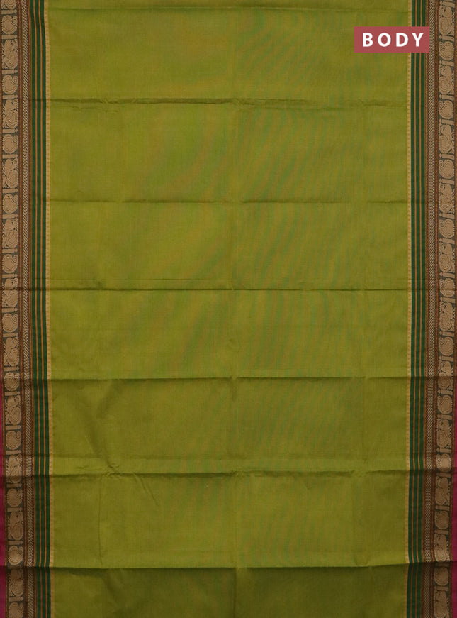 Chettinad cotton saree light green and pink with plain body and thread woven border