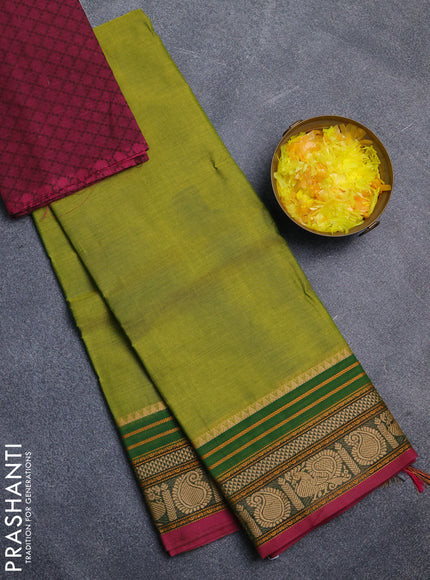 Chettinad cotton saree light green and magenta pink with plain body and thread woven border
