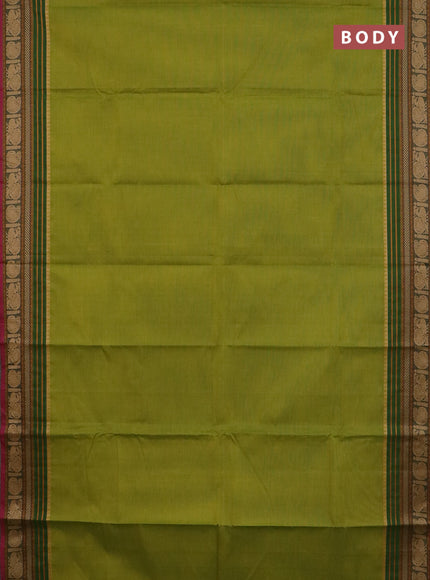 Chettinad cotton saree light green and magenta pink with plain body and thread woven border