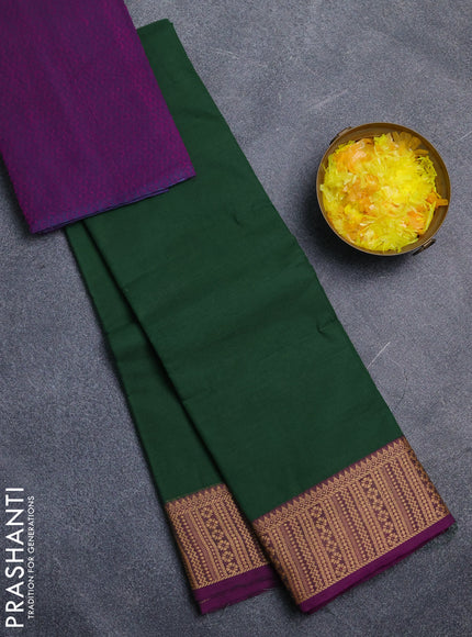 Chettinad cotton saree green and purple with plain body and thread woven border