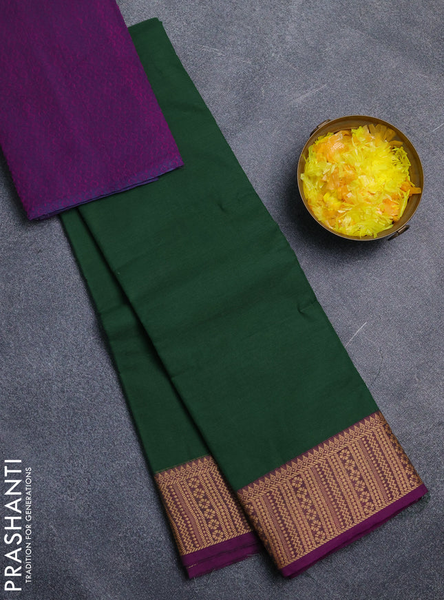 Chettinad cotton saree green and purple with plain body and thread woven border
