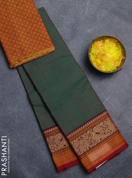 Chettinad cotton saree dual shade of green and maroon with plain body and thread woven border