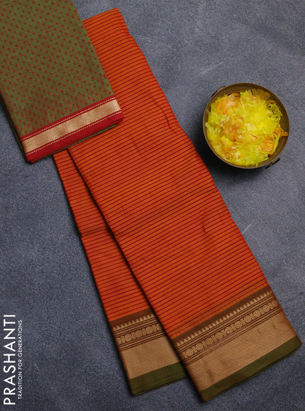 Chettinad cotton saree sunset orange and light green with allover thread weaves and thread woven border
