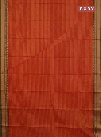 Chettinad cotton saree sunset orange and light green with allover thread weaves and thread woven border