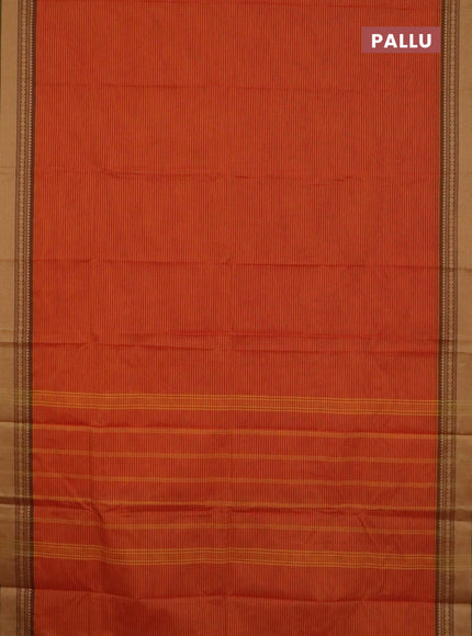 Chettinad cotton saree sunset orange and light green with allover thread weaves and thread woven border