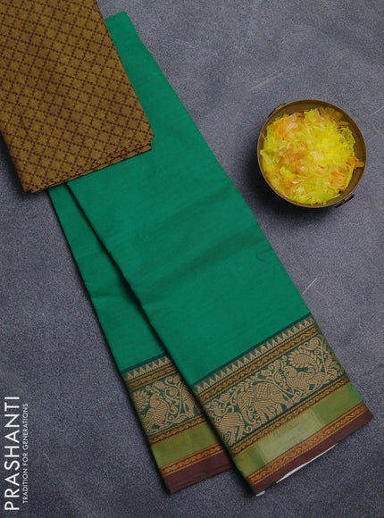 Chettinad cotton saree teal green and light green with plain body and thread woven border
