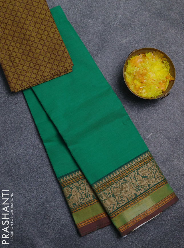 Chettinad cotton saree teal green and light green with plain body and thread woven border