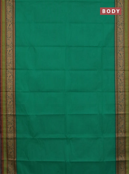 Chettinad cotton saree teal green and light green with plain body and thread woven border