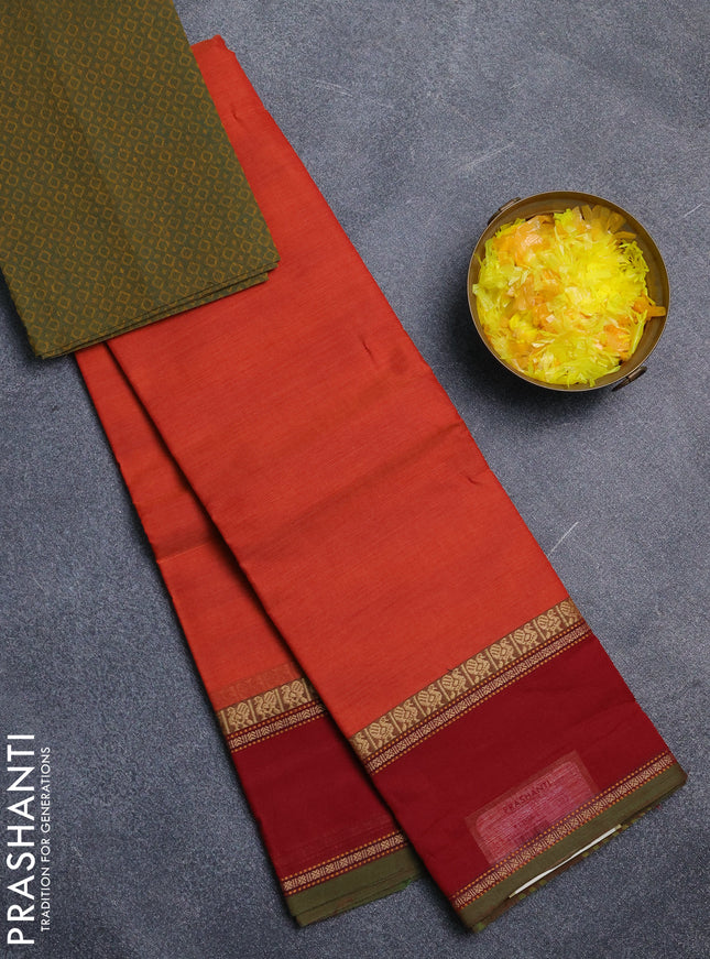 Chettinad cotton saree sunset orange and elachi green with plain body and rettapet thread woven border