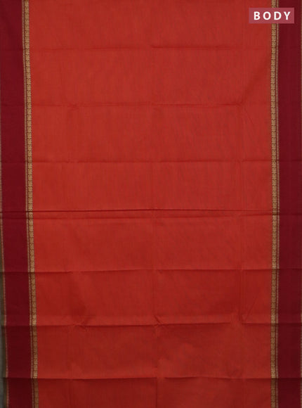 Chettinad cotton saree sunset orange and elachi green with plain body and rettapet thread woven border