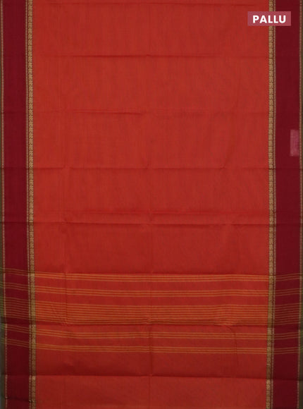 Chettinad cotton saree sunset orange and elachi green with plain body and rettapet thread woven border