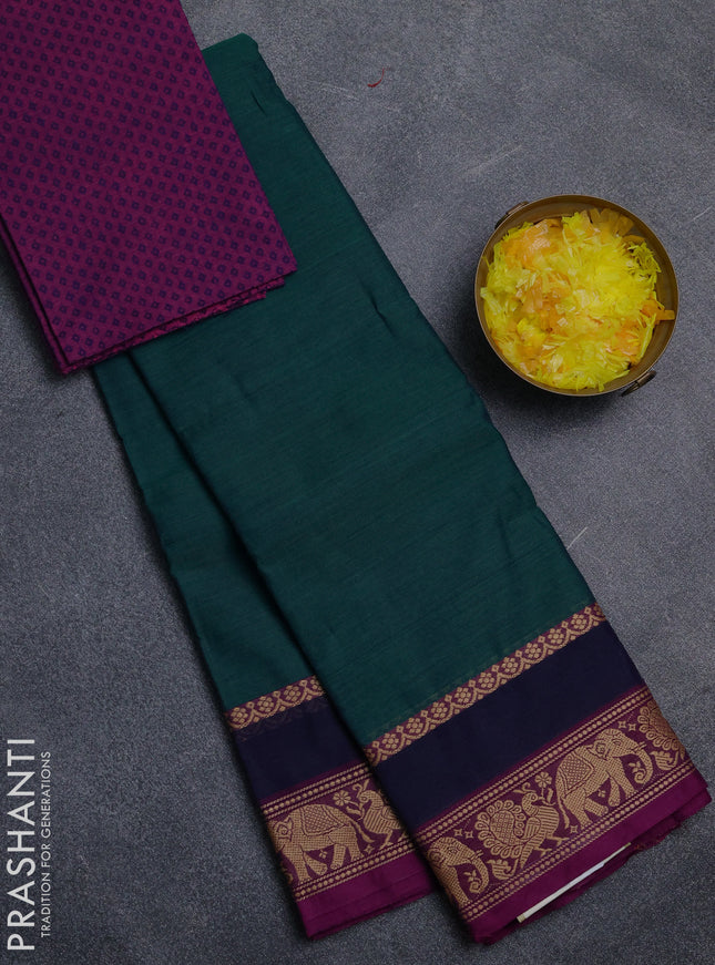 Chettinad cotton saree peacock green and purple with plain body and rettapet thread woven border