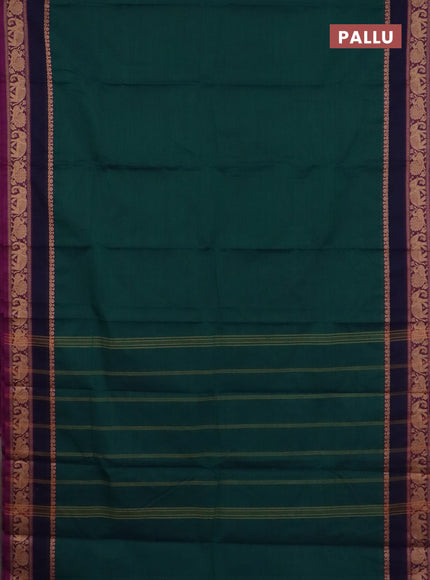 Chettinad cotton saree peacock green and purple with plain body and rettapet thread woven border