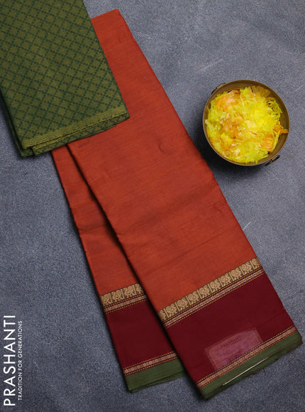 Chettinad cotton saree dark mustard and light green with plain body and rettapet thread woven border