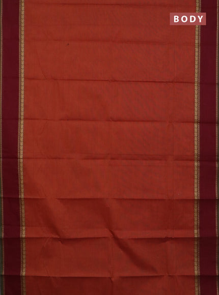 Chettinad cotton saree dark mustard and light green with plain body and rettapet thread woven border