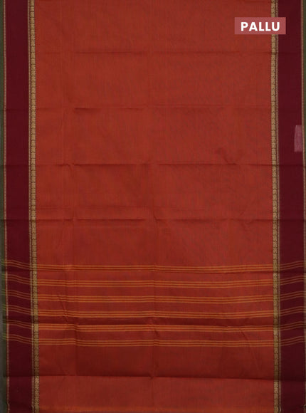 Chettinad cotton saree dark mustard and light green with plain body and rettapet thread woven border