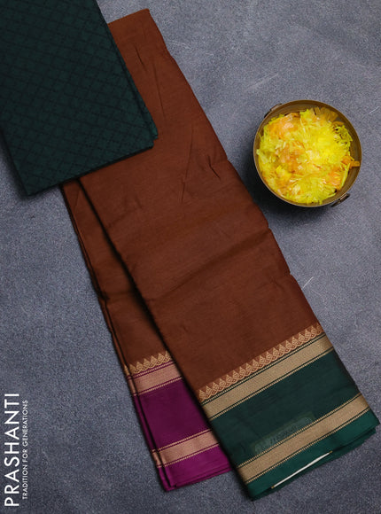 Chettinad cotton saree brown and green with plain body and ganga jamuna border