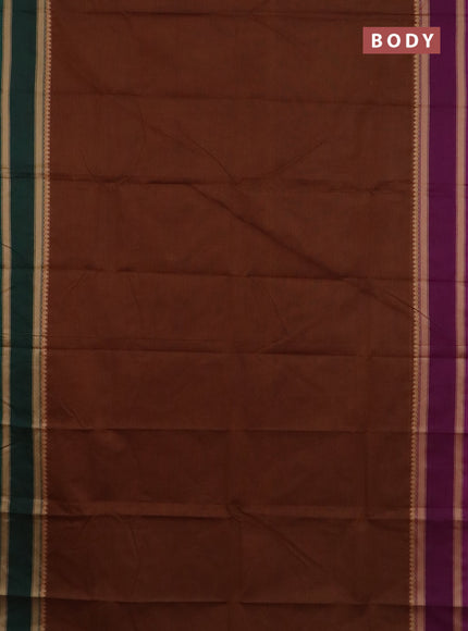 Chettinad cotton saree brown and green with plain body and ganga jamuna border