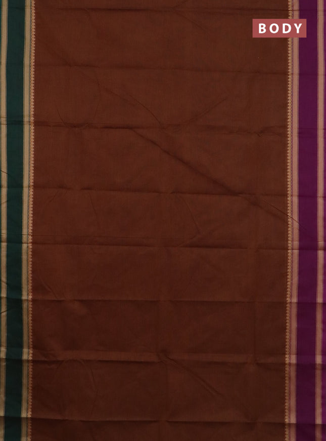 Chettinad cotton saree brown and green with plain body and ganga jamuna border