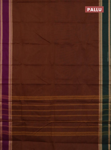 Chettinad cotton saree brown and green with plain body and ganga jamuna border