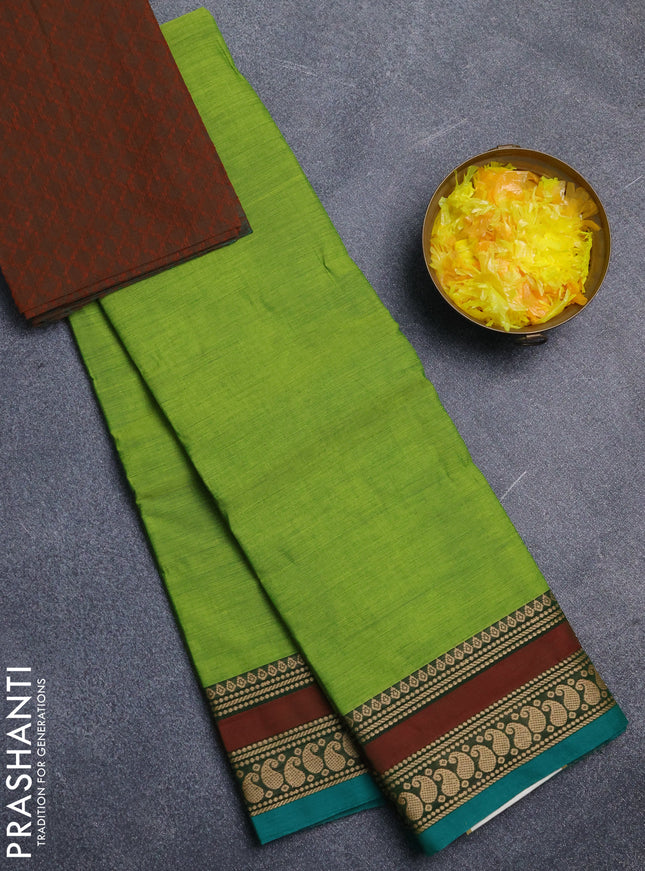 Chettinad cotton saree light green and rust shade with plain body and thread woven border