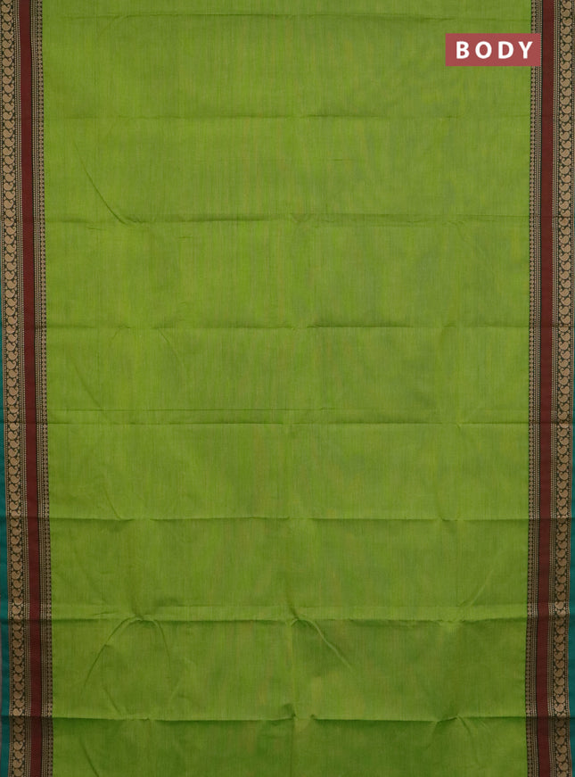 Chettinad cotton saree light green and rust shade with plain body and thread woven border