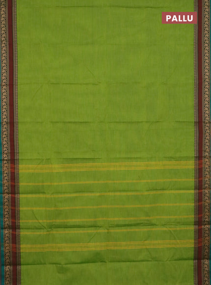 Chettinad cotton saree light green and rust shade with plain body and thread woven border