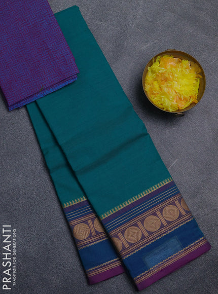 Chettinad cotton saree teal green and purple with plain body and thread woven border