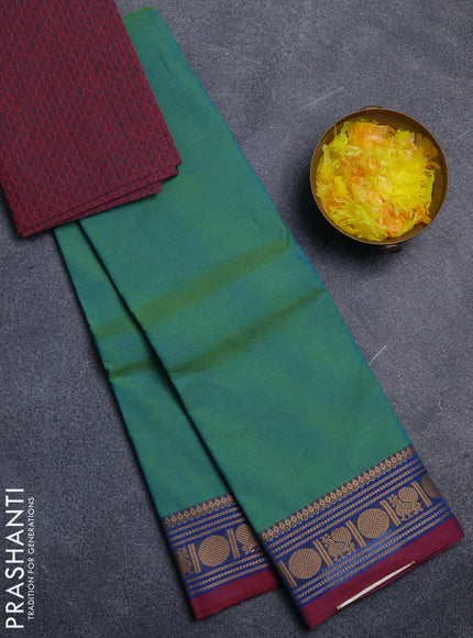 Chettinad cotton saree teal green and maroon with plain body and thread woven border