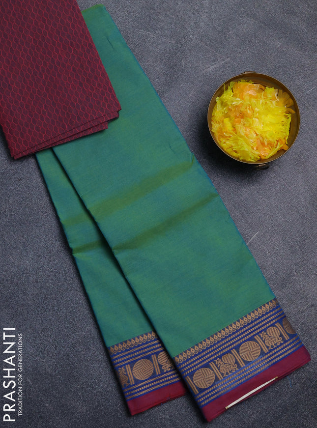 Chettinad cotton saree teal green and maroon with plain body and thread woven border