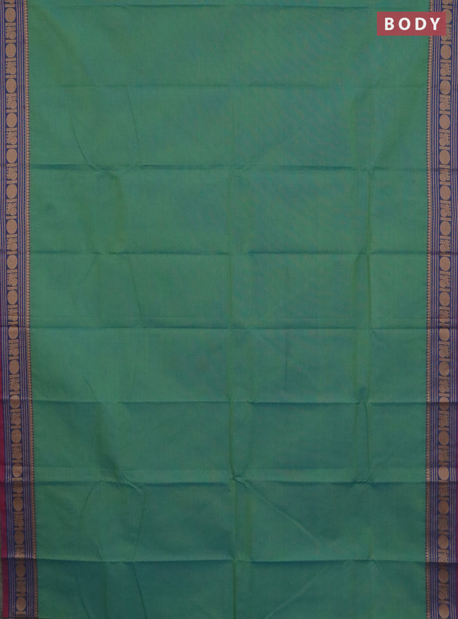 Chettinad cotton saree teal green and maroon with plain body and thread woven border