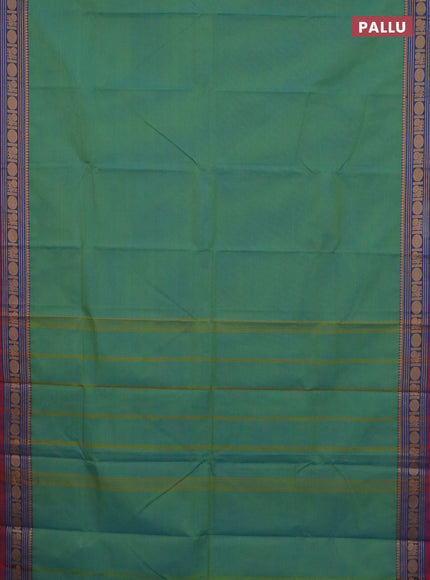 Chettinad cotton saree teal green and maroon with plain body and thread woven border