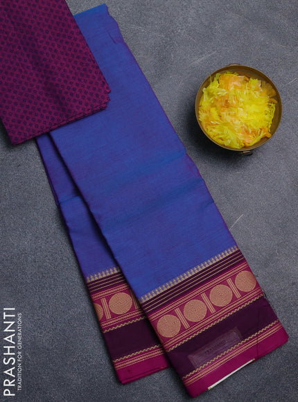 Chettinad cotton saree blue and magenta pink with plain body and thread woven border