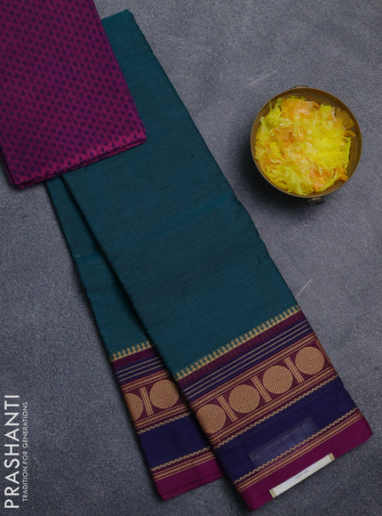 Chettinad cotton saree peacock green and magenta pink with plain body and thread woven border